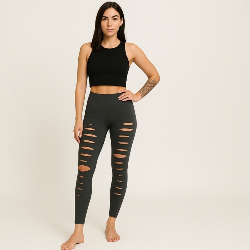 Alo Yoga Ripped Warrior Leggings Charcoal Gray Size S - Picture 2 of 14